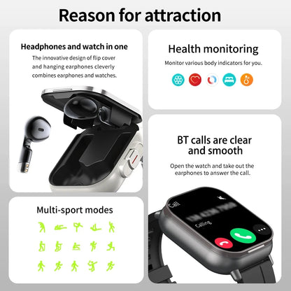 2-in-1 TWS Smart Sports Watch with Wireless Bluetooth Earbuds, Call Function & Health Monitoring